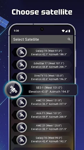 Satellite selection screen with search field listing multiple satellites including Galaxy 19, EchoStar 17, and DirecTV 15