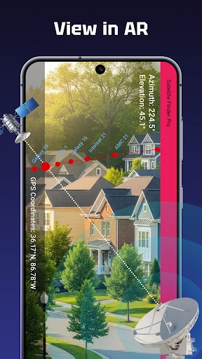 Augmented reality view of residential neighborhood with satellite alignment overlays and directional dish pointer indicators