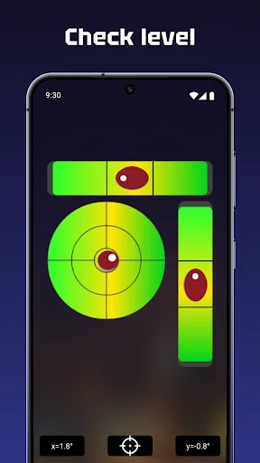 Bubble level interface with green zones and red indicator balls for precise dish leveling and X/Y coordinate adjustment