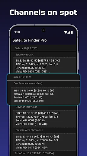 Channel listing screen displaying BISS key codes, frequency, service ID and video ID for multiple TV channels