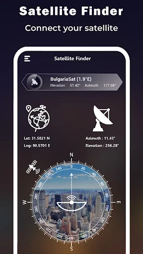 Satellite connection screen showing BulgariaSat details with compass rose, latitude/longitude and azimuth elevation readings