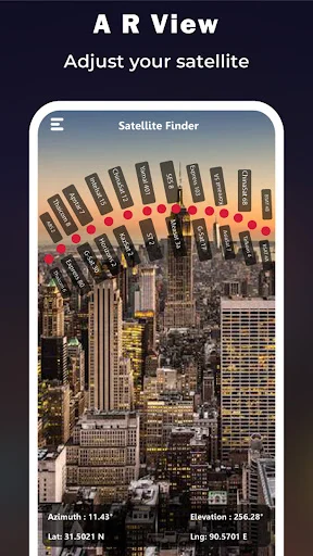 Augmented reality satellite adjustment view overlaid on cityscape with azimuth elevation and latitude longitude display
