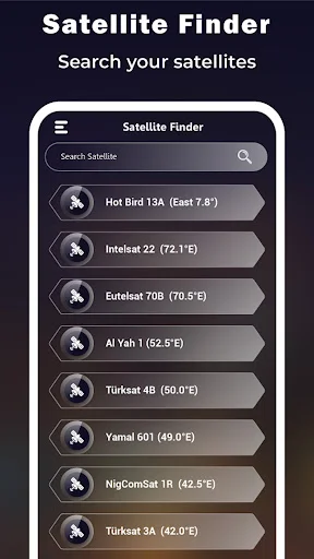 Satellite search screen with search field and list of available satellites by name and orbital position