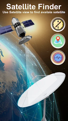 Satellite Finder Lite home screen featuring satellite icon, Earth with network grid, dish antenna, and menu icons for AR view, location, and signal tools
