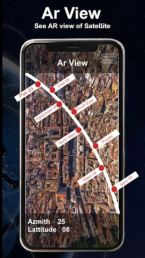 AR View screen displaying satellite positions on aerial cityscape map with azimuth 25 and latitude 08 coordinates for Dish Network alignment