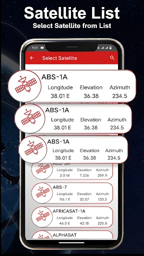 Satellite List selection screen showing ABS-1A, ABS-7, and AFRICASAT-1A satellites with longitude, elevation, and azimuth coordinates for each