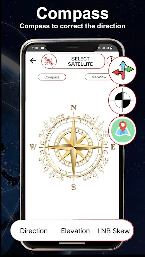 Compass navigation screen with cardinal directions and magnetic rose to correct satellite dish alignment with direction, elevation, and LNB skew settings