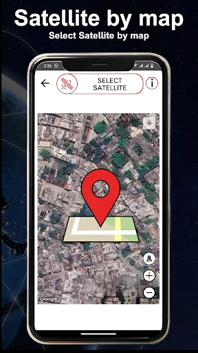 Satellite by Map screen showing aerial map view with red location pin marker for selecting Dish Network satellite positions and GPS coordinates