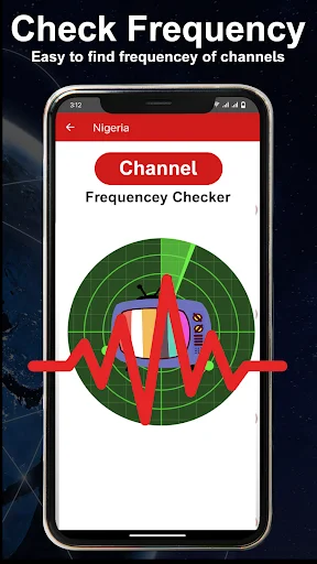 Check Frequency screen displaying frequency analyzer tool with signal wave graph for detecting Dish Network channel frequencies by location