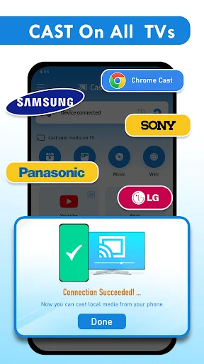 Screen Mirroring TV Miracast app successfully connecting to Samsung, Sony, Panasonic, LG TVs and Chrome Cast devices