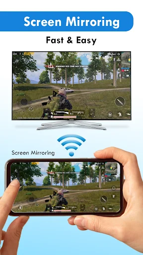 Screen Mirroring TV app casting video game content from smartphone to television screen via wireless Miracast connection