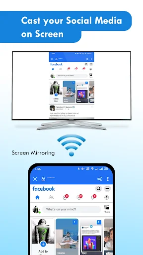 Screen Mirroring TV app casting Facebook social media from phone to television screen using Miracast wireless technology