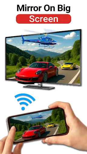 Mirror on big screen feature casting HD video from smartphone to large television screen