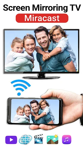 Screen Mirroring TV Miracast wireless casting displaying family photo from phone to television