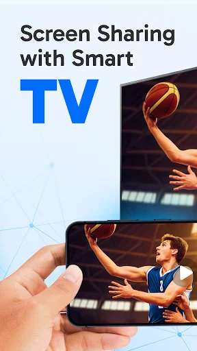Screen Sharing with Smart TV app logo displayed with phone and TV showing basketball content mirrored across devices