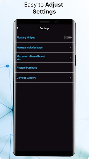 Settings menu screen with options for Floating Widget, Manage apps, Boost settings, Restore Purchase, and Support