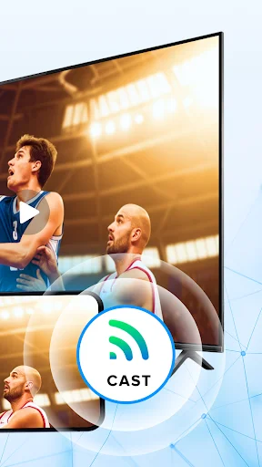 TV screen displaying basketball game with white CAST button icon for wireless screen mirroring functionality