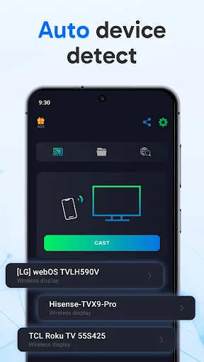 Auto device detection interface on phone showing list of available TVs: LG webOS, Hisense, and TCL Roku devices