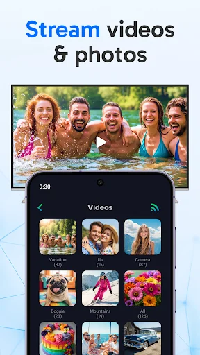 Stream videos and photos feature on TV displaying people in water, with phone showing video library thumbnail grid