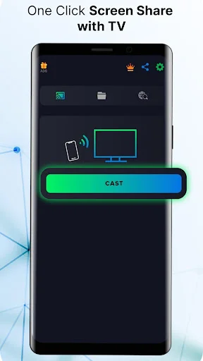 One-click screen share interface with large green-blue CAST button on phone for instant TV casting