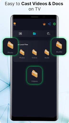 Cast videos and documents on TV with phone showing Local Files section featuring Photos, Videos, and Audio folders