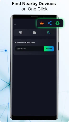 Find nearby devices interface with Cast Network Resources search bar and search button to discover available TVs