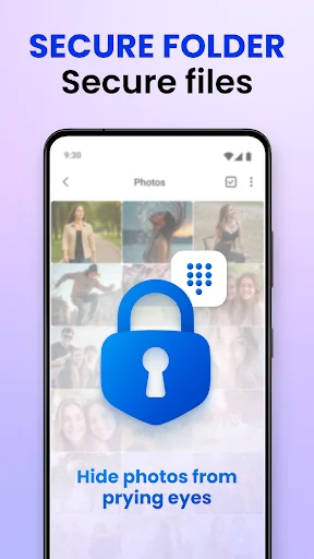Secure Folder app interface showing blue padlock icon over photo gallery with text 'Hide photos from prying eyes' for protecting personal images