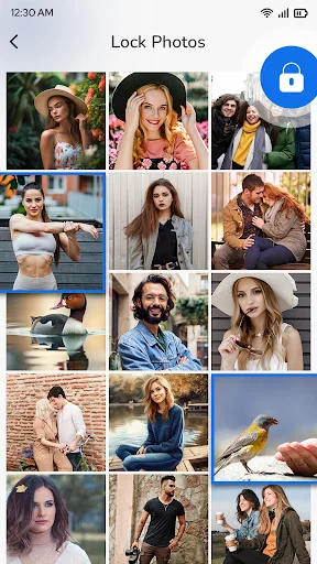 Lock Photos screen showing grid of personal photo thumbnails with blue lock button for securing private images in secure folder