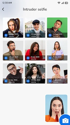Intruder Selfie screen displaying grid of timestamp-labeled selfies taken when unauthorized access attempts are detected by the secure app