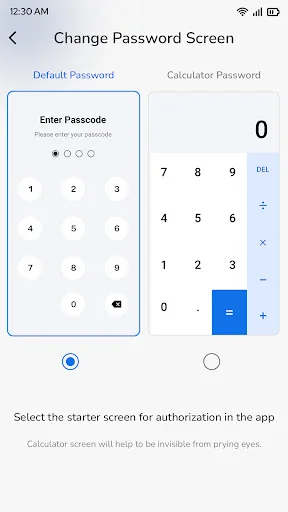Change Password screen offering two password options: Default Passcode with numeric keypad and Calculator Password mode for enhanced security