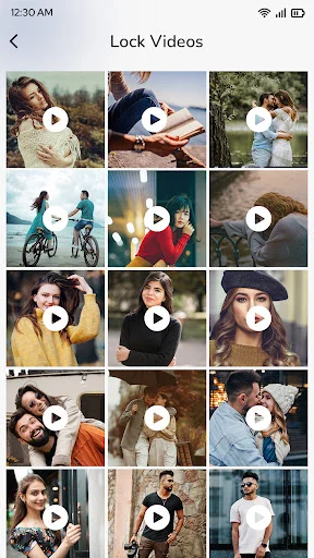 Lock Videos screen showing grid of personal video thumbnails with play button overlays for securing private videos in the secure folder