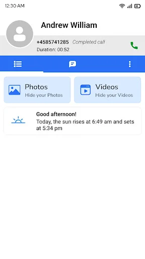Secure Folder contact profile interface for Andrew William displaying photos, videos options and greeting messages with time-based information