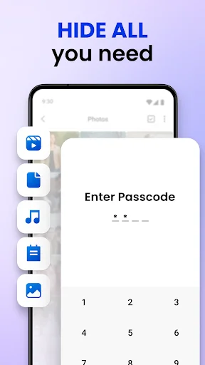 Secure Folder feature showcase displaying multiple file type icons (photos, files, music, documents) with password entry dialog screen for data protection