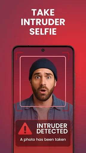 Intruder detection feature displaying photo of a man with warning 'Intruder Detected - A photo has been taken' for unauthorized access alerts