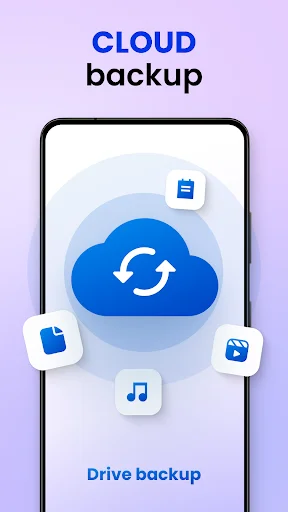 Cloud backup feature showing mobile device with cloud sync icon surrounded by file type icons and 'Drive backup' text for secure cloud storage
