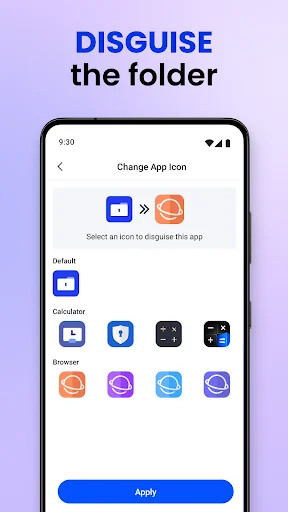 App icon disguise feature displaying change app icon options including calculator, browser, and other icons to hide the secure folder application