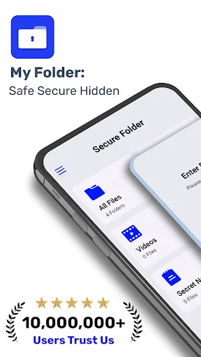Secure Folder app overview with app icon, folder name 'My Folder: Safe Secure Hidden', file categories preview, and 10,000,000+ user trust rating