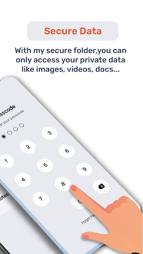Secure data protection explanation showing hand entering passcode on numeric keypad with text about protecting private photos, videos, and documents