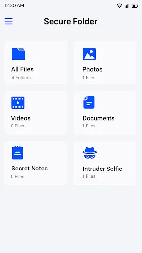 Secure Folder home dashboard displaying six main categories: All Files, Photos, Videos, Documents, Secret Notes, and Intruder Selfie storage options