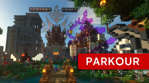 Minecraft PE Parkour server featuring fantasy castle structure with decorative blocks for jumping and climbing challenges