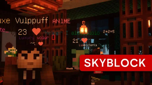 Minecraft PE Skyblock server nighttime gameplay showing multiple players with health indicators in isolated survival mode