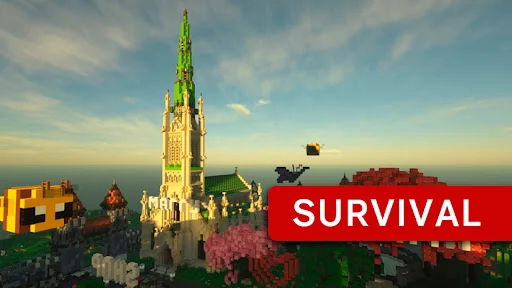 Minecraft PE Survival server landscape displaying cathedral structure with natural terrain for cooperative gameplay adventure