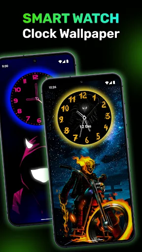 Smart Watch Clock Wallpaper app showcase displaying multiple animated clock designs with neon colors on dark backgrounds