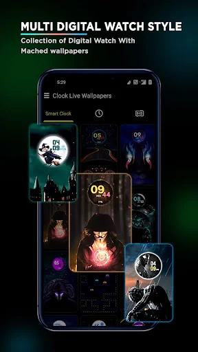 Multi digital watch style collection showing various digital clock designs with matched wallpapers in app gallery interface