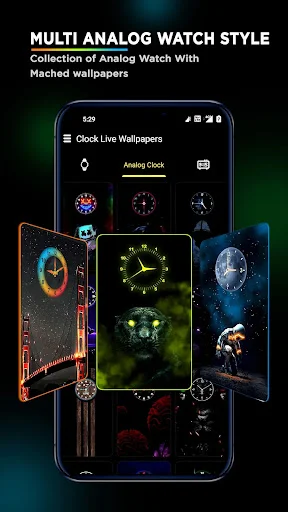 Multi analog watch style collection showcasing various analog clock designs with matched wallpapers in personalization app