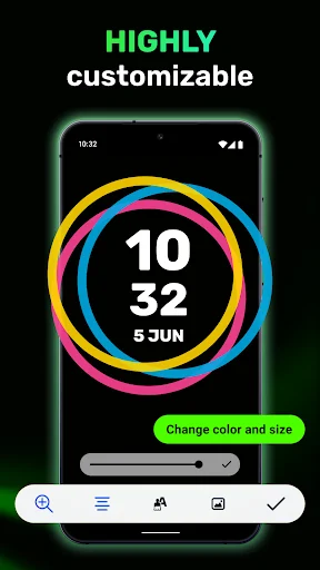 Customizable clock wallpaper with colorful rainbow circular design showing time 10:32 with change color and size option