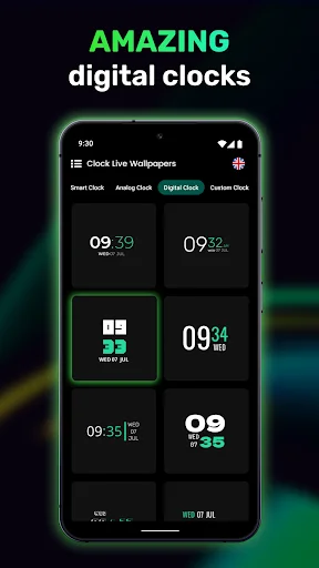 Digital clock wallpaper collection with multiple formats and neon designs for phone lock screen personalization