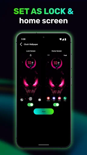 Clock wallpaper app interface for setting wallpapers to lock screen and home screen with preview options and apply button