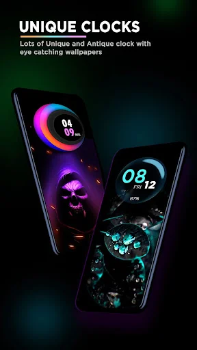 Unique antique clock wallpaper designs with eye-catching neon colors for personalizing phone lock and home screens