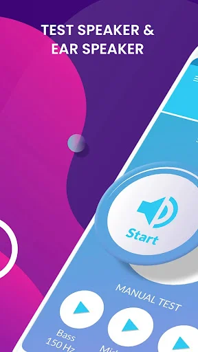 Speaker Tester app home screen with Start button for testing ear speaker and audio frequencies in manual test mode